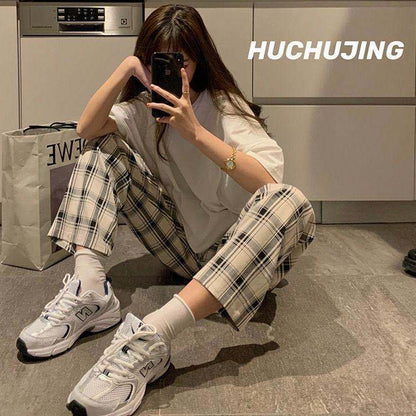 Aichashi comfy school outfits Korean Style Spring and Summer New Hong Kong Style Chic Retro Light Casual Royal Sister Elegant Western Style Plaid Wide-Leg Pants Fashion