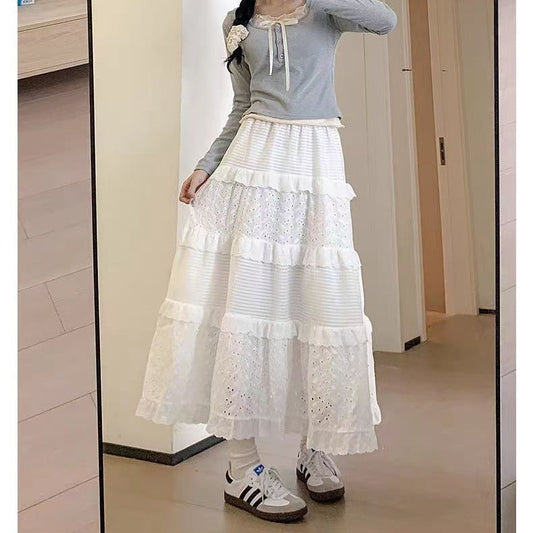 Aichashi church outfit 2024 Women's Spring and Summer New White Cake Skirt High Waist Mid-Length Jacquard Small Lace Skirt A- line Skirt