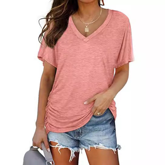 Aichashi discover style ideas Women's New Solid Color Batwing Sleeve Side Pleated V-neck Short Sleeve Women's T-shirt