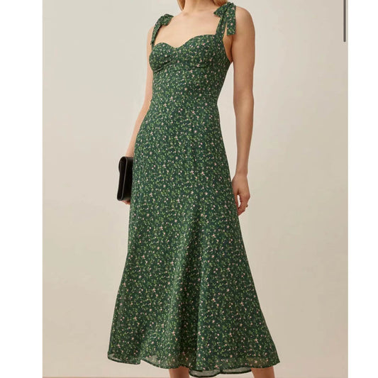 Aichashi indie dress to impress Summer French Style Retro Dark Green Small Floral Slim Waist Long Sling Dress