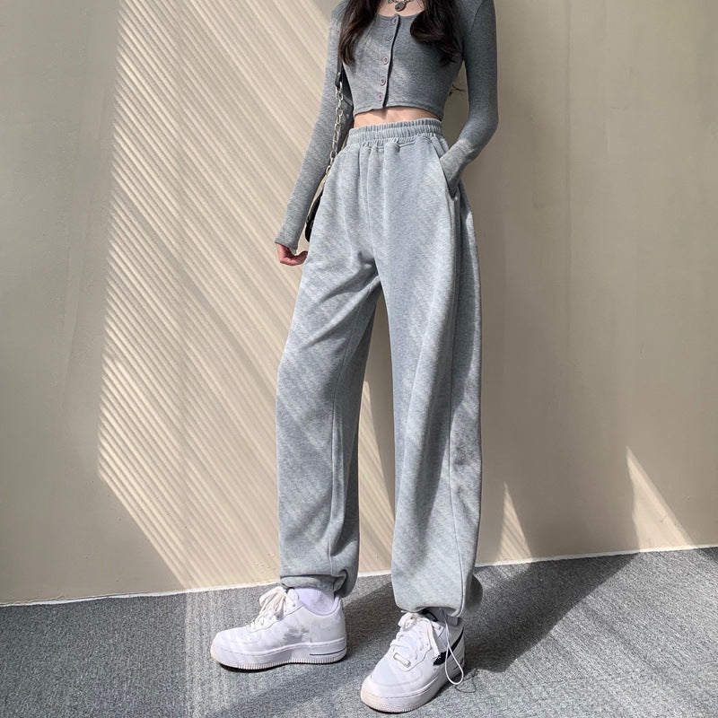 Aichashi clothes Gray Sports Pants for Women Spring and Autumn New High Waist Loose Wide Leg Pants Ankle-Tied Sweatpants Slim Casual Pants Straight Pants