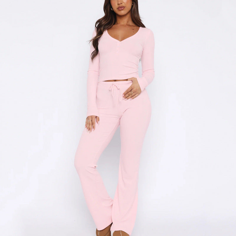 Aichashi comfy school outfits 2024 Spring and Autumn New Suit Long Sleeve Button Solid Color Tight Top and Trousers Two-Piece Set for Women