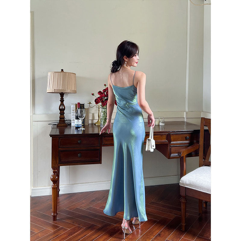 Aichashi dresses Same Day Delivery Summer New Green Mermaid Sling Super Long Dress Smooth Draping Slim Dress