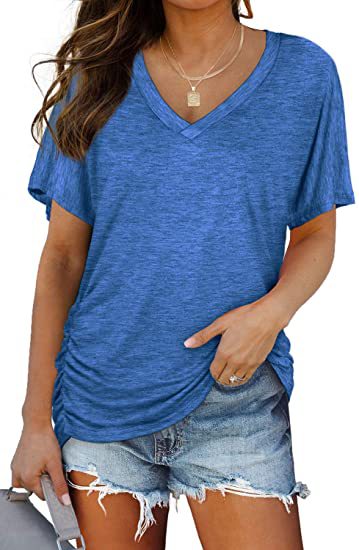 Aichashi discover style ideas Women's New Solid Color Batwing Sleeve Side Pleated V-neck Short Sleeve Women's T-shirt