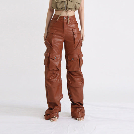 Aichashi lookbook outfits Elegant High Waist Casual Leather Pants Spring New Fashion Design Stitching Pocket Loose Overalls for Women