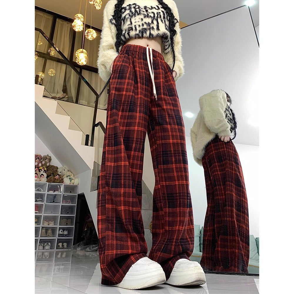 Aichashi fall outfits aesthetic Retro Brushed Plaid Casual Pants Women's Autumn New High Waist Straight Pants Slimming Wide Leg Mop Long Pants