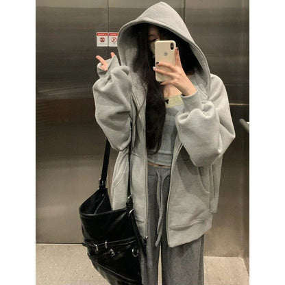 Aichashi 90s streetwear American Casual Gray Hooded Zipper Cardigan Sweater for Women 2024 Autumn New Loose Lazy Style Coat