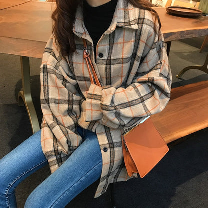 Aichashi college outfits aesthetic Brushed Lapel Plaid Shirt Women's Clothing Winter New Retro Hong Kong Style French Fashion Top Student Coat