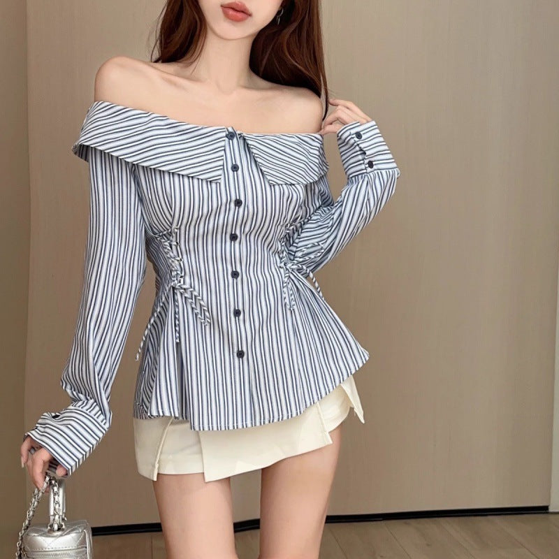 Aichashi dresses Hot Girl Style Striped Shirt Girls' Spring and Autumn off-Neck Slim Waist Shirt Chic Lace-up Long Sleeve T-shirt Shirt