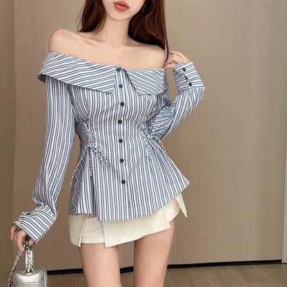 Aichashi dresses Hot Girl Style Striped Shirt Girls' Spring and Autumn off-Neck Slim Waist Shirt Chic Lace-up Long Sleeve T-shirt Shirt