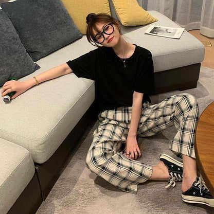 Aichashi comfy school outfits Korean Style Spring and Summer New Hong Kong Style Chic Retro Light Casual Royal Sister Elegant Western Style Plaid Wide-Leg Pants Fashion