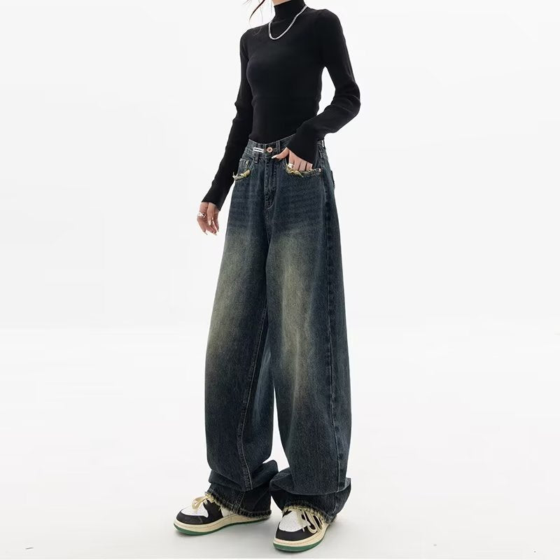 Aichashi 2000s fashion Harajuku Fashion High Waist Women's Spring and Autumn New All-Match Zipper Light Color Washed Trendy Jeans Simple Straight Pants