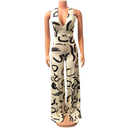 Aichashi late summer outfits Autumn and Winter New Autumn and Winter New Women's Sexy V-neck Printed Sleeveless Jumpsuit