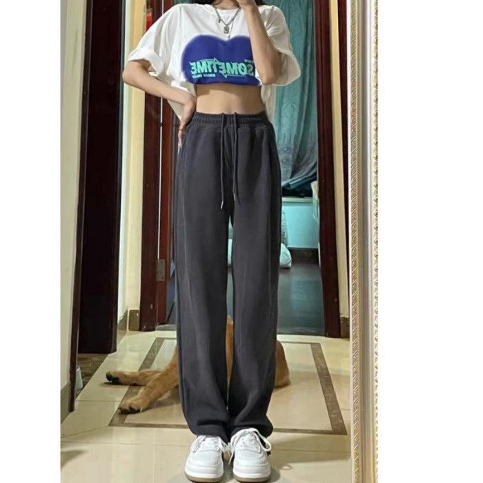 Aichashi clothes Gray Sports Pants for Women Spring and Autumn New High Waist Loose Wide Leg Pants Ankle-Tied Sweatpants Slim Casual Pants Straight Pants