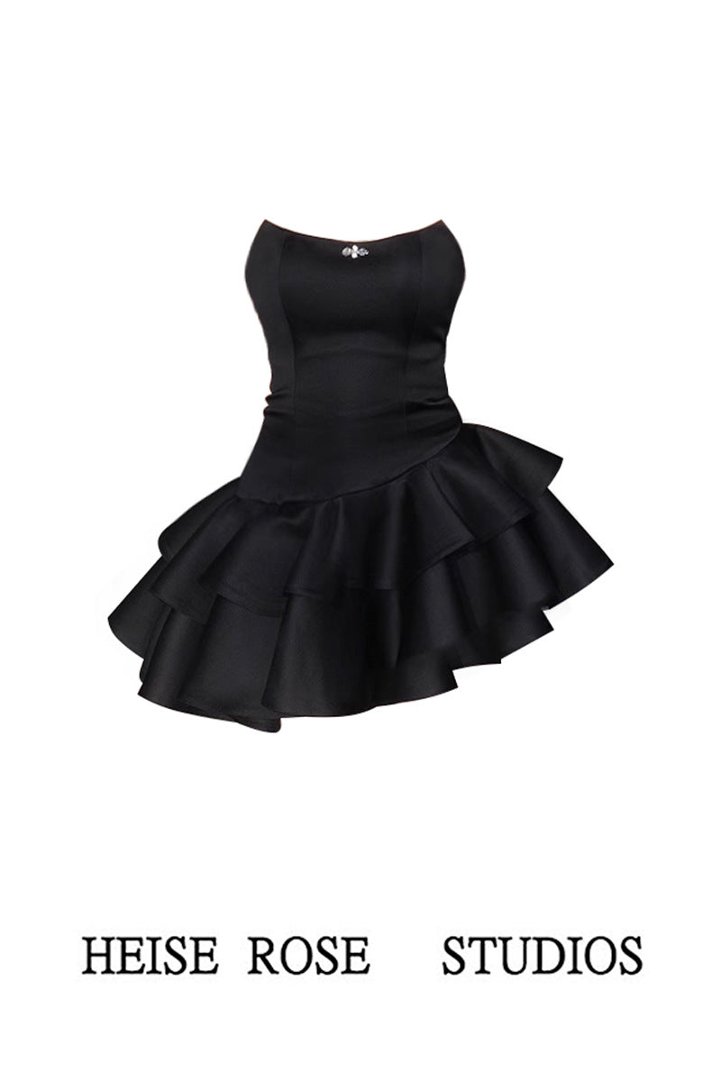 Aichashi freshman hoco dresses Birthday Party Dress Black Dress Women's Spring and Autumn New Tube Top Skirt Irregular Cake Skirt Pettiskirt