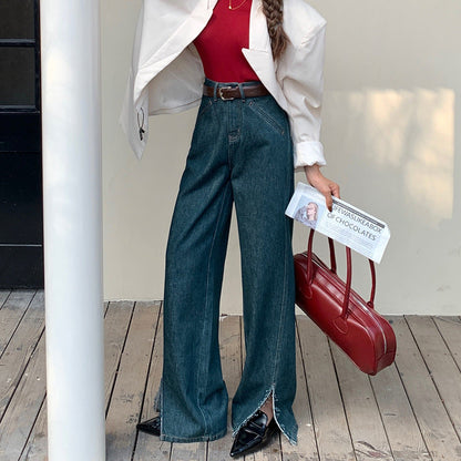 Aichashi masc outfits High-End Slit Wide-Leg Jeans Women's Autumn Retro Niche Cut High Waist Loose Straight Trousers Tall