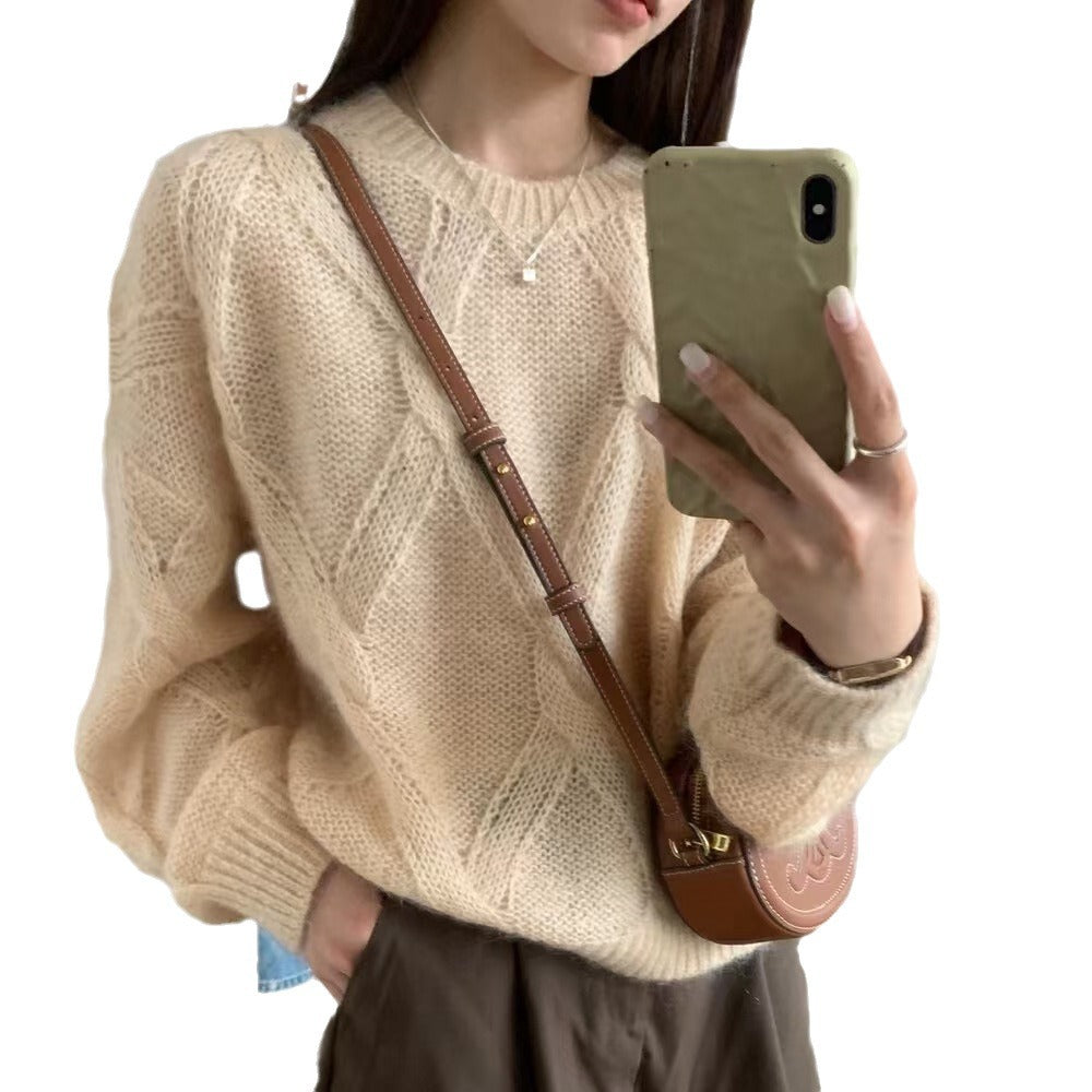 Aichashi birkenstock clogs outfit fall Lazy Style Woolen Sweater Women's Autumn and Winter Loose Korean Style Knitted Soft Glutinous High-Grade Twisted Sweater round Neck