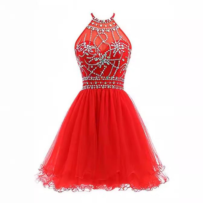 Aichashi dresses Slim-Fit Small Dress Halter Short Bridal Wedding Dress Banquet Evening Dress Lace New Red Women