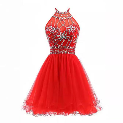 Aichashi dresses Slim-Fit Small Dress Halter Short Bridal Wedding Dress Banquet Evening Dress Lace New Red Women