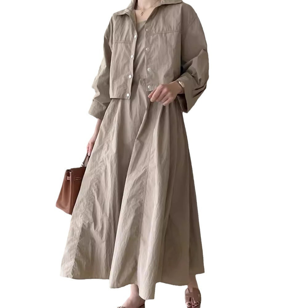 Aichashi church outfit Chic Autumn Retro Elegant Drawstring Waist Strap Dress + Loose All-Match Long Sleeve Short Coat for Women