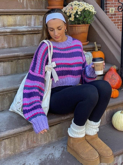 Aichashi casual fall outfits Autumn and Winter New Striped Sweater Sweater round Neck Long Sleeve Loose Casual Pullover Sweater Top