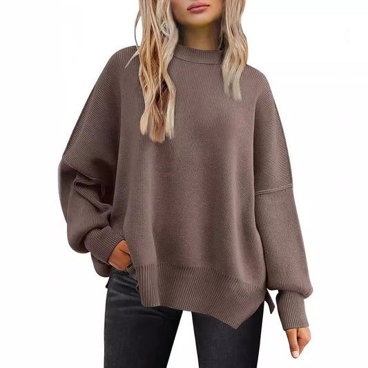 Aichashi fall outfits women 24 round Neck Bat Long Sleeve Autumn Knitted Side Slit Women's Loose Sweater Pullover