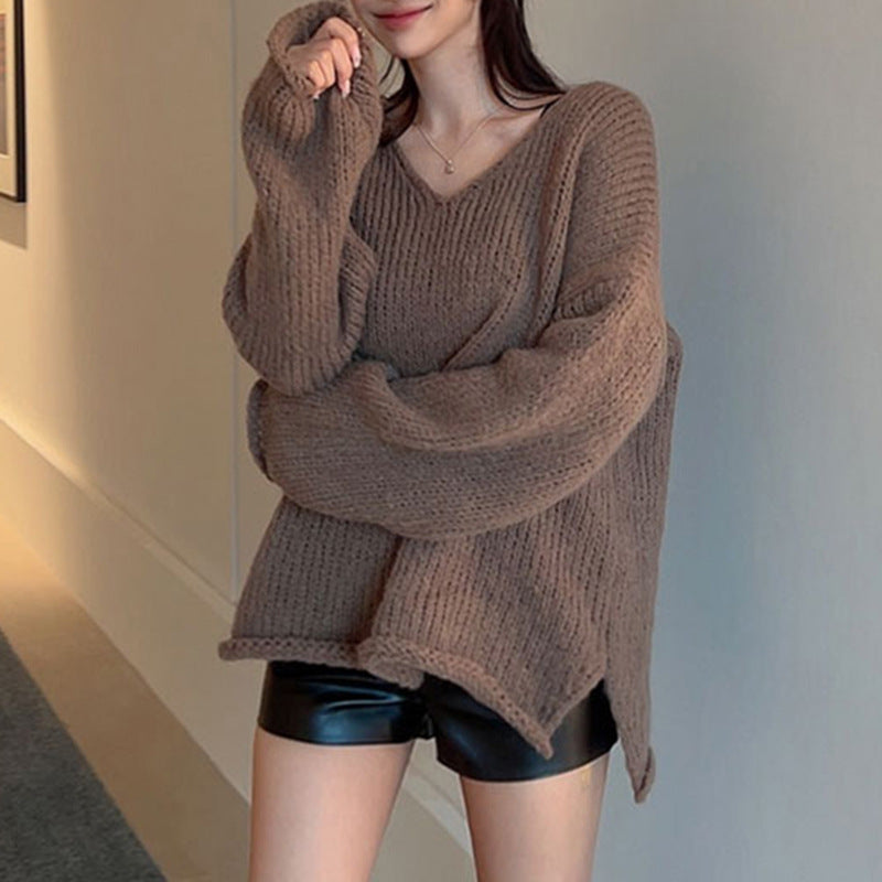 Aichashi fall outfits aesthetic American-Style Retro Brown Curling Split V-neck Sweater Basic Loose Lazy Casual Pullover Knitted Top Autumn