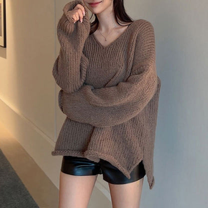 Aichashi fall outfits aesthetic American-Style Retro Brown Curling Split V-neck Sweater Basic Loose Lazy Casual Pullover Knitted Top Autumn