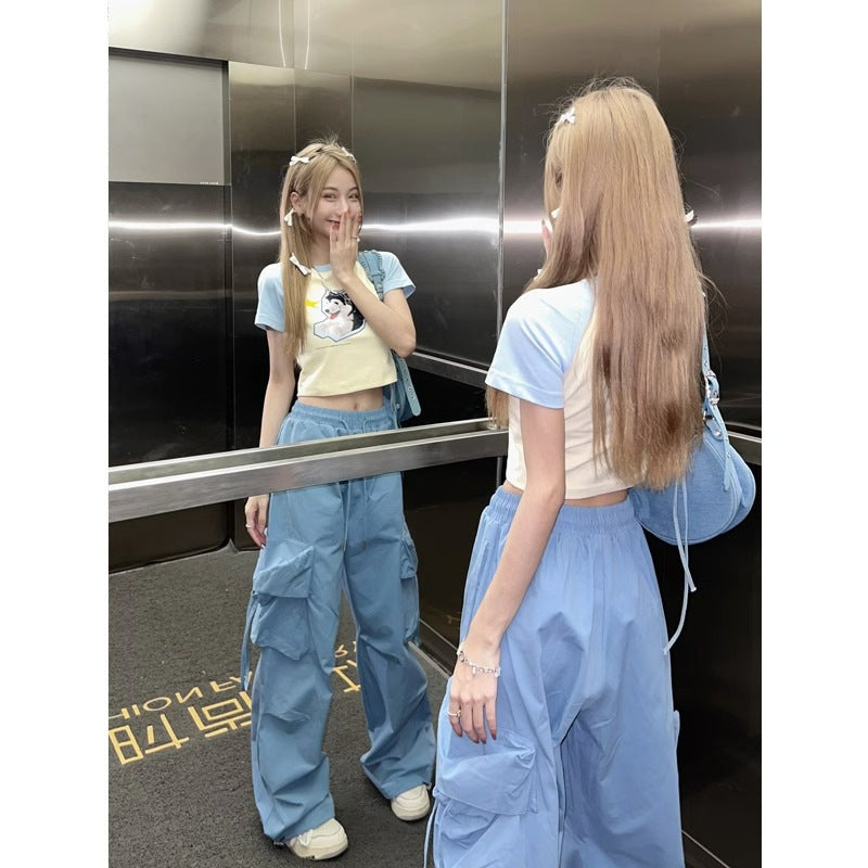 Aichashi outfit ideas for school American Retro Overalls Women's Summer High Waist Straight Wide Leg Pants Design Loose Casual Mopping Pants