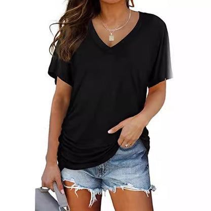 Aichashi discover style ideas Women's New Solid Color Batwing Sleeve Side Pleated V-neck Short Sleeve Women's T-shirt