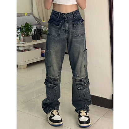 Aichashi grunge outfits American Retro Street Style Distressed Washed Design Zipper Pocket Denim Straight Trousers Men and Women Casual