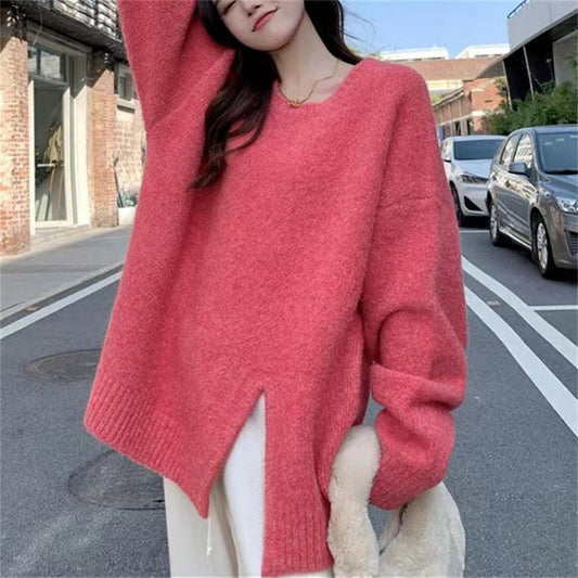 Aichashi fall outfits aesthetic Lazy Style Round Neck Split Autumn and Winter New Soft Nuo Sweater Simple Loose All-Match Outer Sweater Women's Clothing