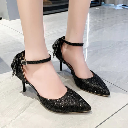 aichashi Luxury Silver Sequin High Heels Wedding Shoes Women Autumn Crystal Bowtie Ankle Straps Bridal Shoes Woman Thin Heeled Pumps