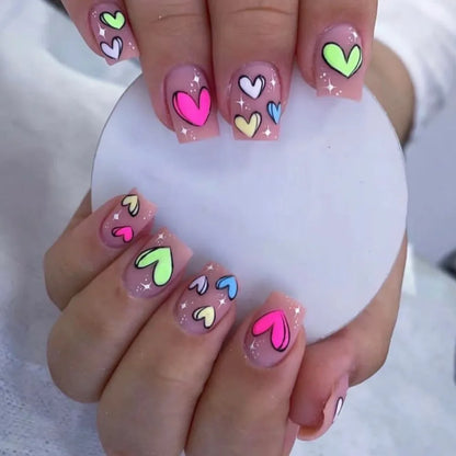 24pcs Fake Nails Short Square Valentine's Day Wearing Armor with Rainbow Heart Design French Press on Nail  Faux Fingernails