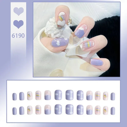 24pcs French Fake Nails Short Art Nail Tips Press Stick on False with Designs Full Cover Artificial Pink Wearable Christmas Tips