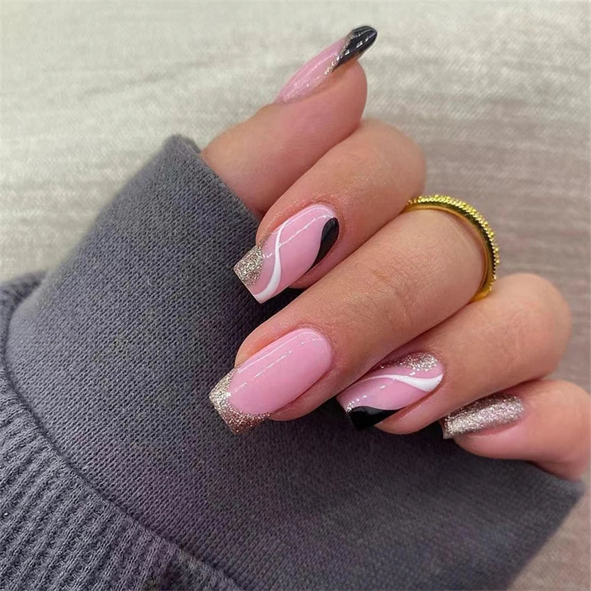 24Ps/Set Square Head Coffin Wearing False Nails Art Pink Matte French Fake Nails Leopard Artificial Acrylic White Press on Nails