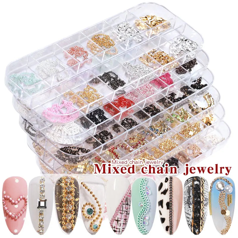 12 Grid Mixed Style Nail Chain Jewelry For DIY Art Decoration Fashion Metal Nails Accessories For Manicure Design