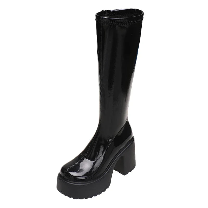 Aichashi Chunky Heel Platform Long Boots for Women Black Patent Leather Knee High Boots Woman Winter Thick High Heels Punk Shoes