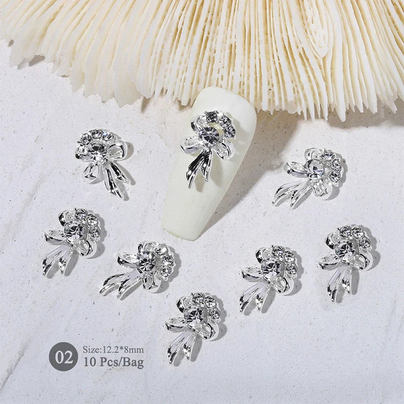 Aichashi 10pcs/bag Butterfly Shaped Nail Rhinestone Star Flower Nail Charm Silver Gold Alloy Nail Pearl Jewelry Accessories Nail Supplies