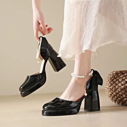 aichashi  -  Chunky High Heels Women Pumps Bow Tie Thick Heel Lolita Shoe Ladies Patent Leather Cosplay Shoes Pearl Chains Platform Mary Jane