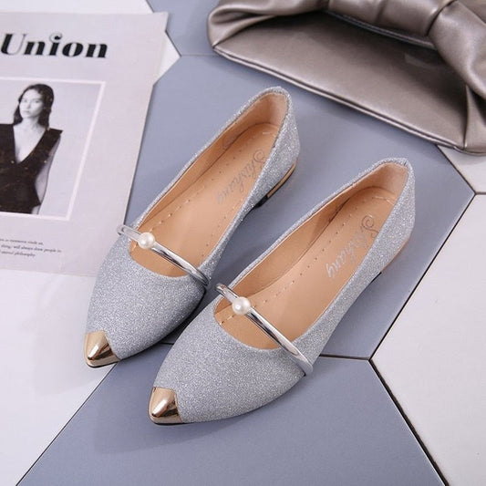 Aichashi Ladies Party Pearl Pumps Women's High Quality Low-Heeled Shoes Female Sequined Cloth Boat Shoes Women Silver Pointed Shoes