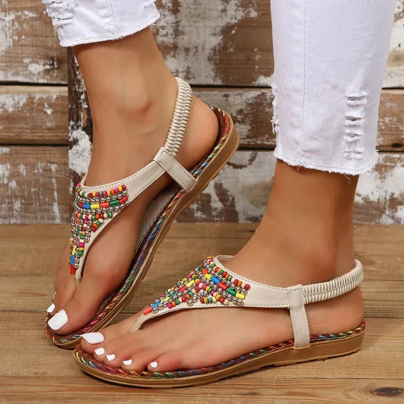 aichashi Clip Toe Bohemian Style Sandals for Women Fashion Mix Color Pearl Rome Sandals Woman New Flat with Non-Slip Beach Shoes