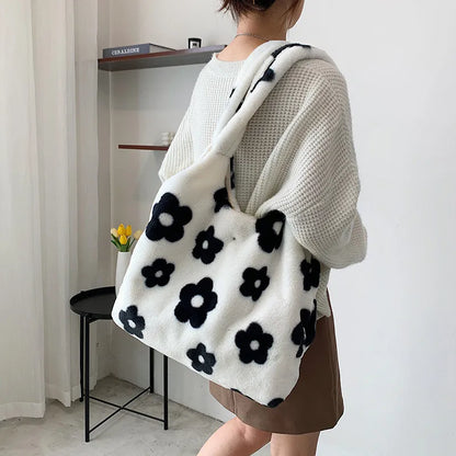 Autumn Winter New Plush Shoulder Bag Simple Flower Fashion Handbag Casual Versatile Tote Bag Bags For Woman