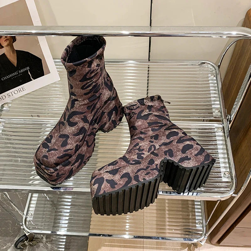 aichashi  -  Punk Style Platform Women Ankle Boots Fashion Leopard Short Booties Vintage Thick Heels Ladies Shoes