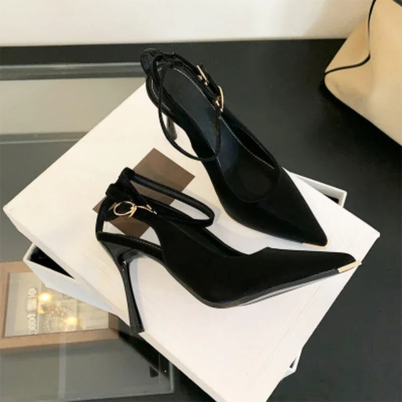 aichashi  -  Elegant Woman Heeled Shoes Designer Luxury Metal Pointed Toe Thin High Heels Pumps Ankle Buckle Comfortable Party Dress Shoes