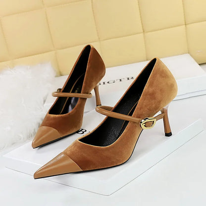 aichashi  -  Pointed Toe Velour Stiletto Heel Women Designer Party Dress Shoes Metal Buckle Splicing Elegant Heels Office Women Shoes Pumps