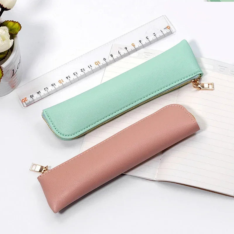 Aichashi BACK TO SCHOOL 1PC PU Leather Small Pen Bag Mini Pen Sleeve Zipper Pencil Pouch Stationery Fountain Pen Holder Case Student School Supplies