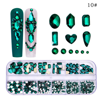 12 Grids/Box Multi-Size Nail Art Rhinestone Decorations AB Crystal Diamond Gems 3D Nails Glitter Glass Non Hotfix Strass Jewelry