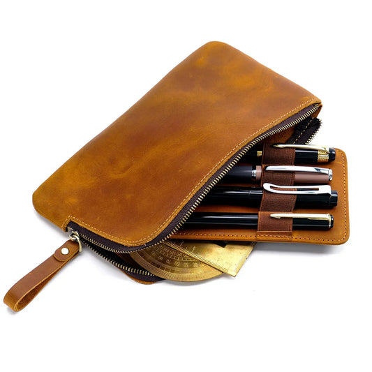 Aichashi Handmade Zipper Pen Case Leather For Men Women Holder Pen Pouch Vintage Pen Box Organizer Boys Girls School Student Stationery