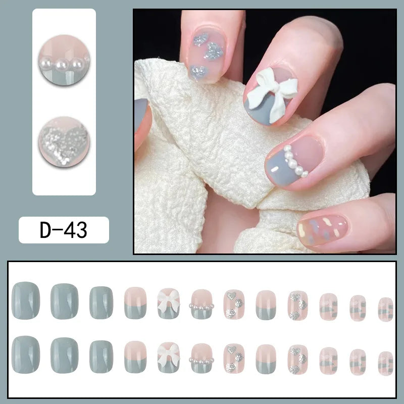 Aichashi 24pcs French Point Diamond Fake Nails Wearing Artificial Square Head Press On Acrylic Nail Art Pearl Patch Almond False Nails